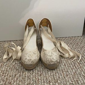 Soludos Off-White Crochet Lace Up Wedge Espadrille